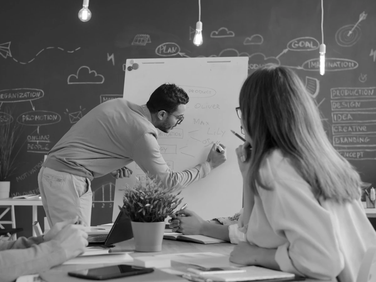 A team planning on a whiteboard